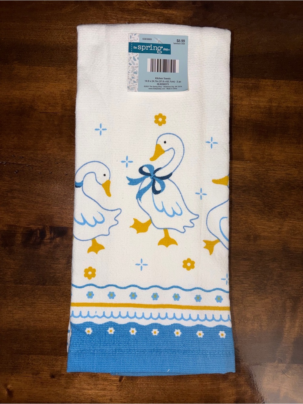 Kitchen Towel Set (2) Blue and Yellow Country Duck with Bow & Flower Accents